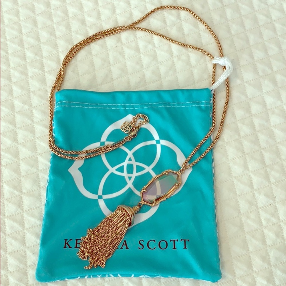 Kendra Scott rose gold necklace, iridescent stone